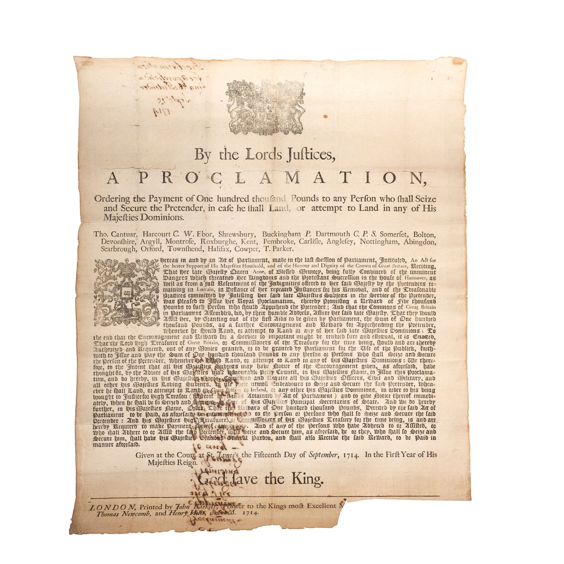 1714 RISING - PROCLAMATION TO SEIZE THE PRETENDER BY THE LORDS JUSTICES. A PROCLAMATION,