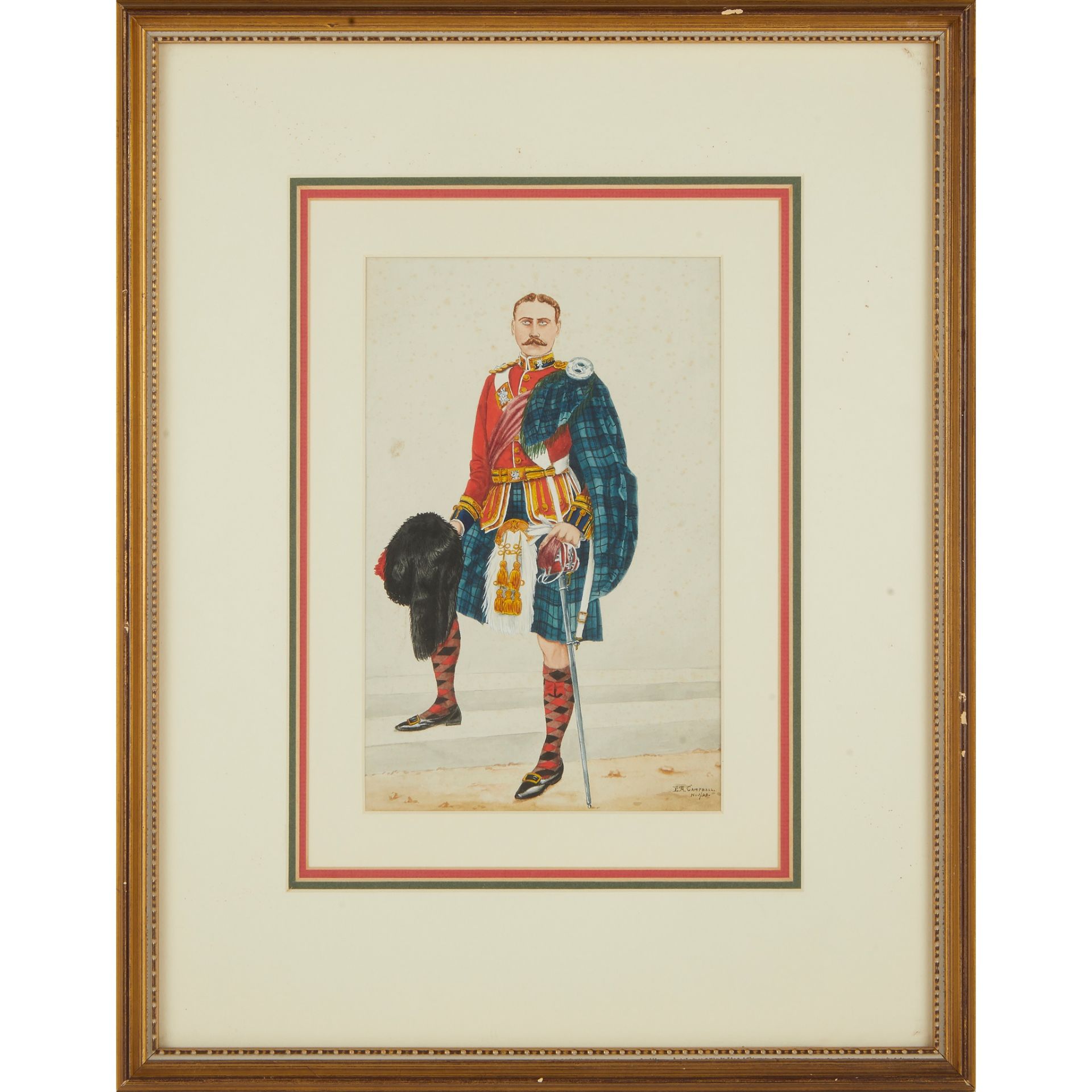 A FRAMED WATERCOLOUR OF A BLACK WATCH OFFICER