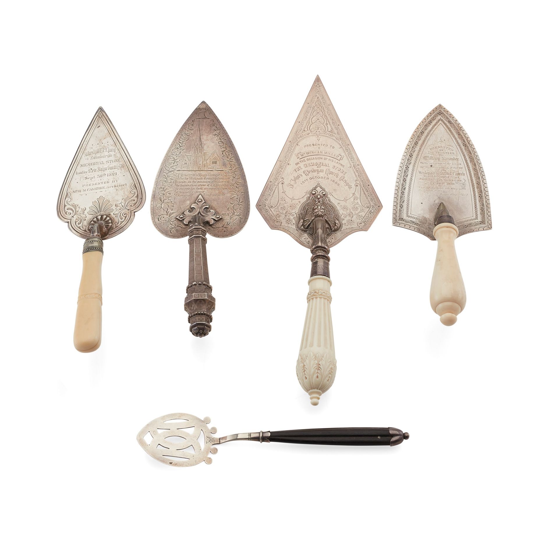 Y A GROUP OF THREE IVORY HANDLED FOUNDATION TROWELS 19TH CENTURY