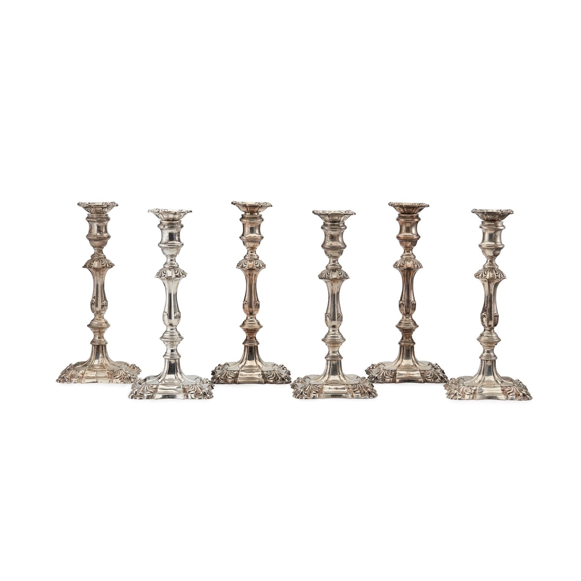 A SET OF SIX EDWARDIAN TABLE CANDLESTICKS BRADBURY & SONS, LONDON 1908