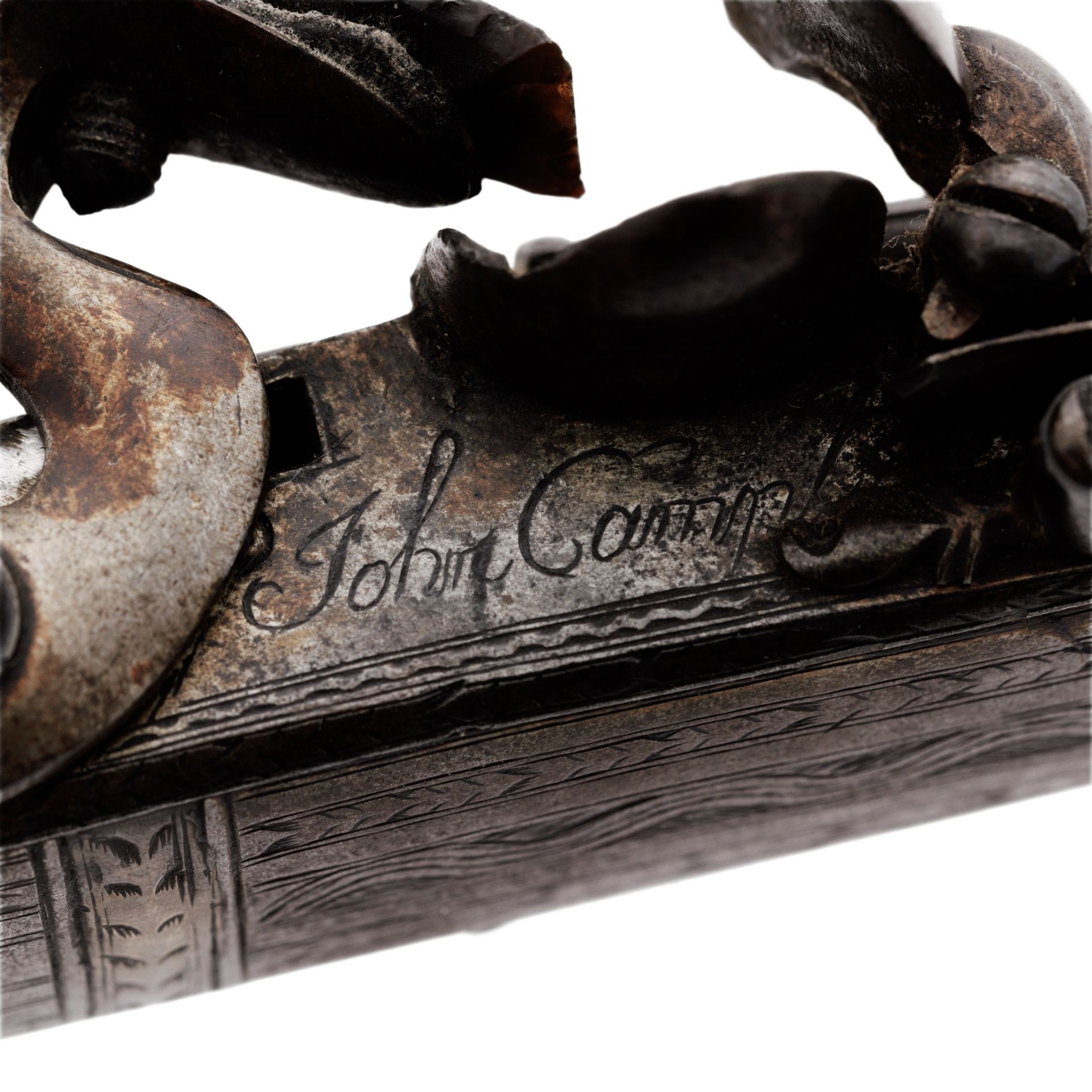 A MID 18TH CENTURY SCOTTISH STEEL AND SILVER FLINTLOCK SCROLL BUTT HIGHLAND BELT PISTOL BY JOHN - Image 3 of 3