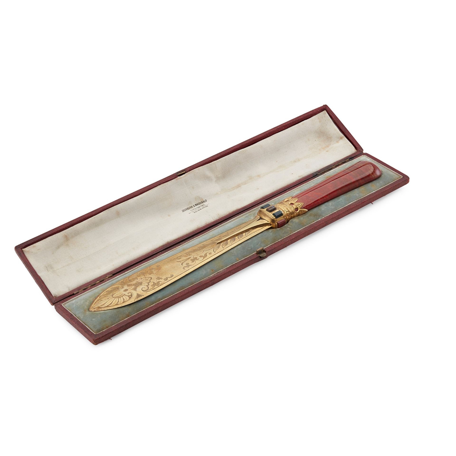 A VICTORIAN CASED GILT PAPER KNIFE RETAILED BY COCKBURN & MACDONALD