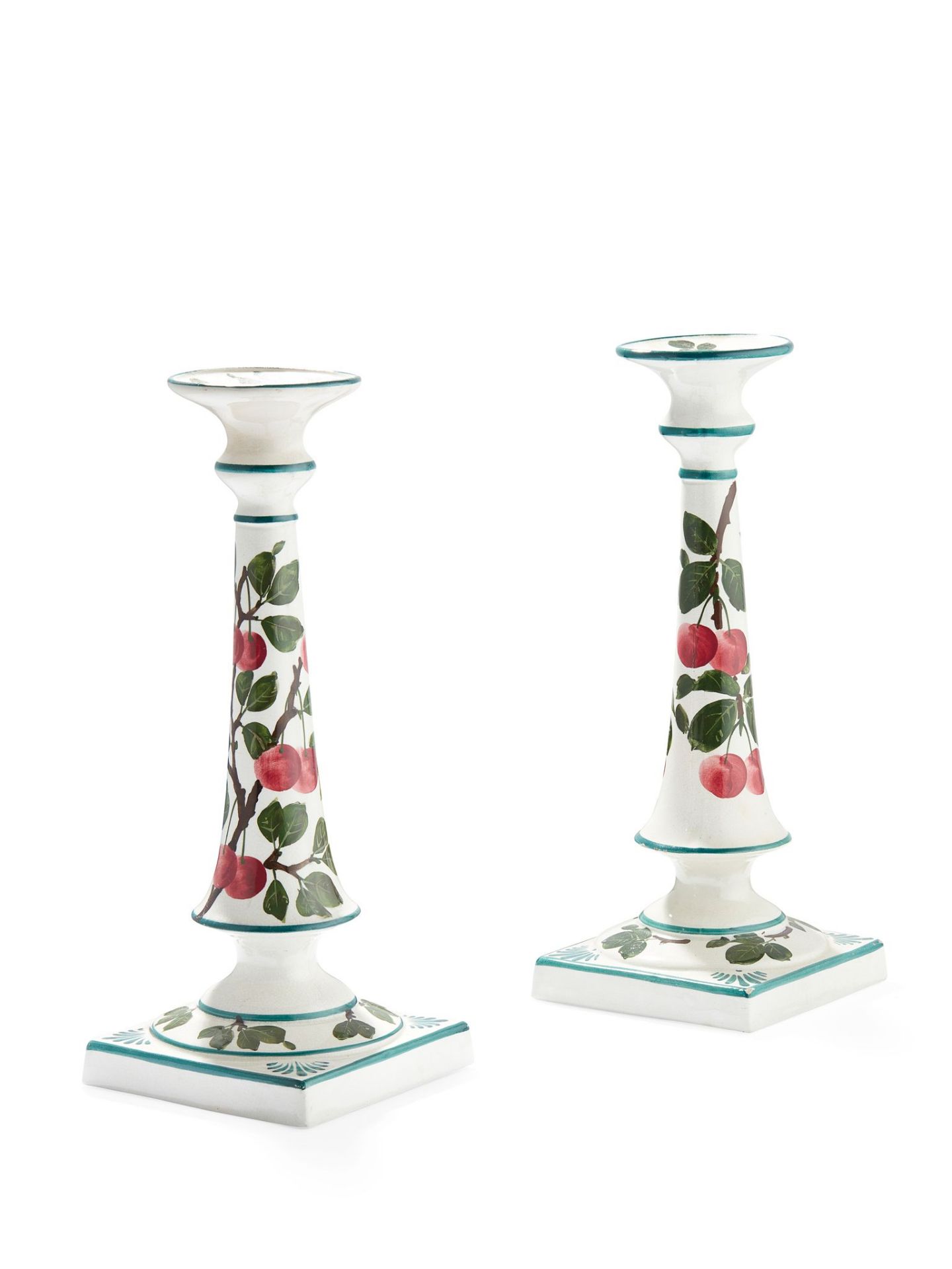 A PAIR OF WEMYSS WARE TALL CANDLESTICKS 'CHERRIES' PATTERN, CIRCA 1900