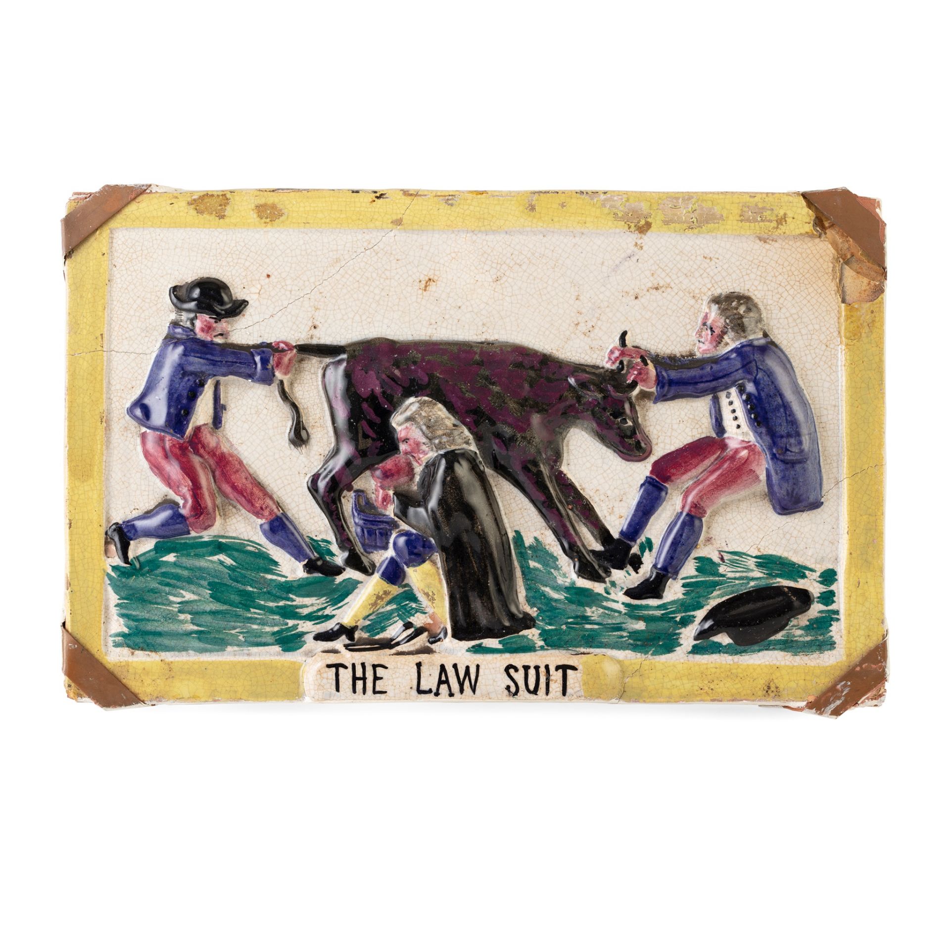 A SCOTTISH POTTERY PORTOBELLO PLAQUE TITLED 'THE LAW SUIT' EARLY 19TH CENTURY