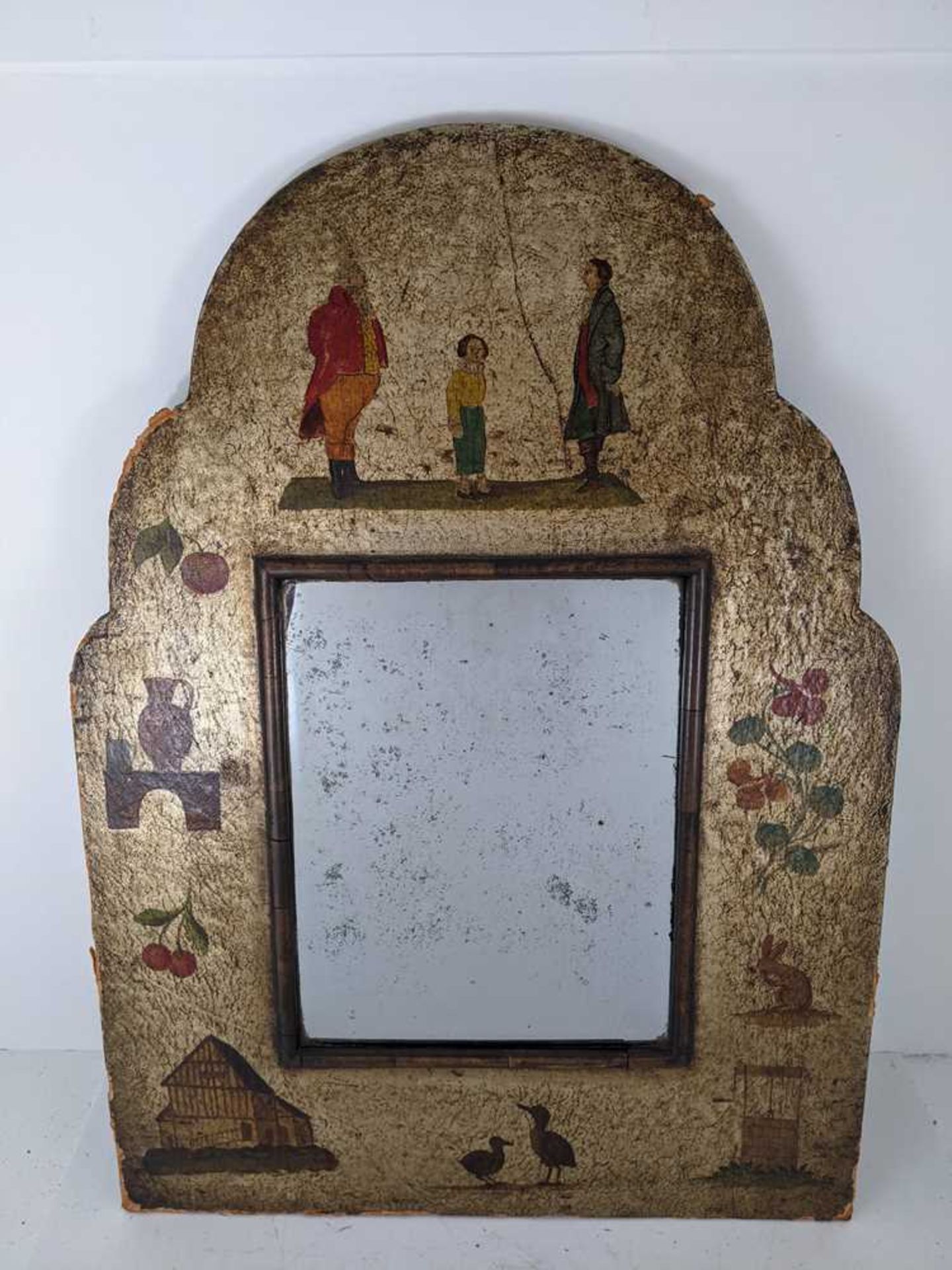 PAINTED LEATHER AND WOOD FRAMED FOLK ART MIRROR 18TH CENTURY - Image 4 of 16