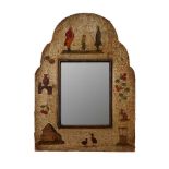 PAINTED LEATHER AND WOOD FRAMED FOLK ART MIRROR 18TH CENTURY