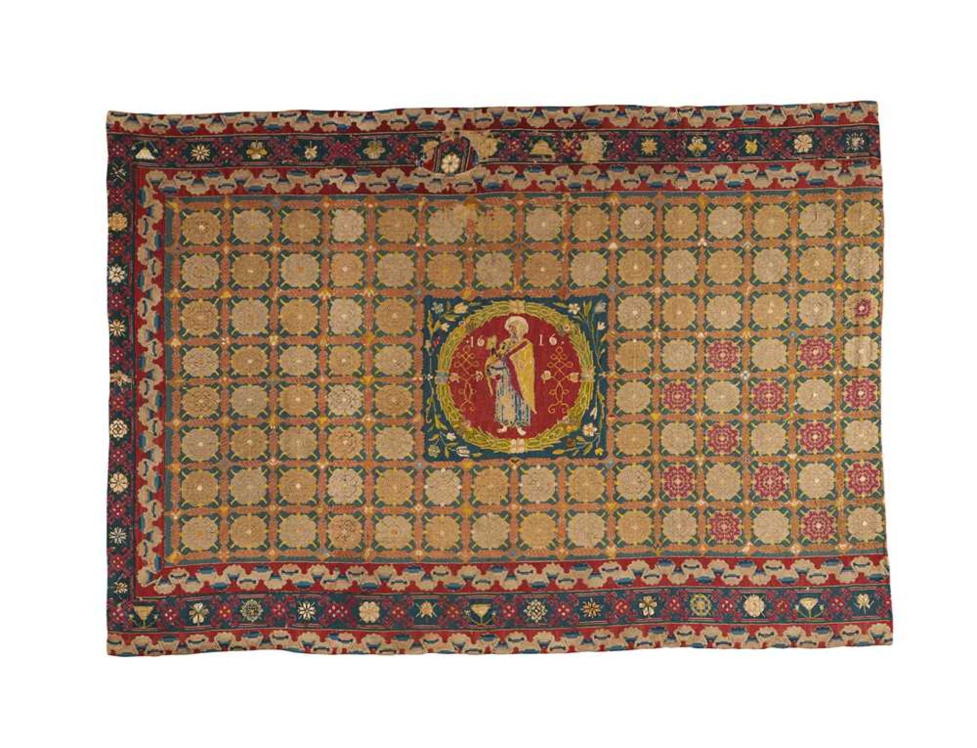 ENGLISH WOOL AND PART SILK NEEDLEWORK CARPET SECTION DATED 1616