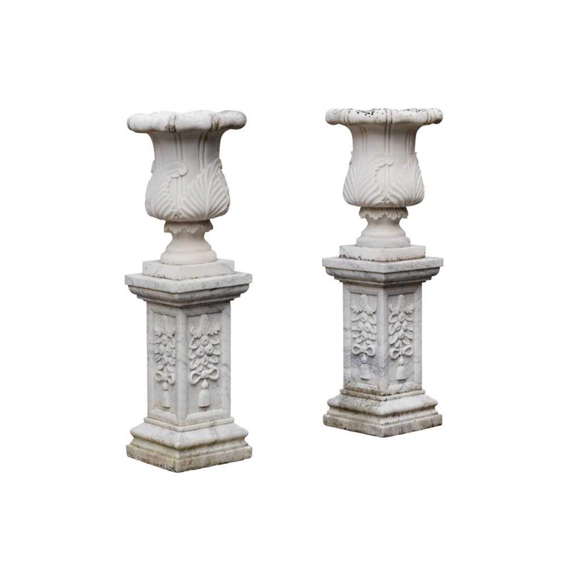 PAIR OF WHITE MARBLE URNS AND STANDS MODERN