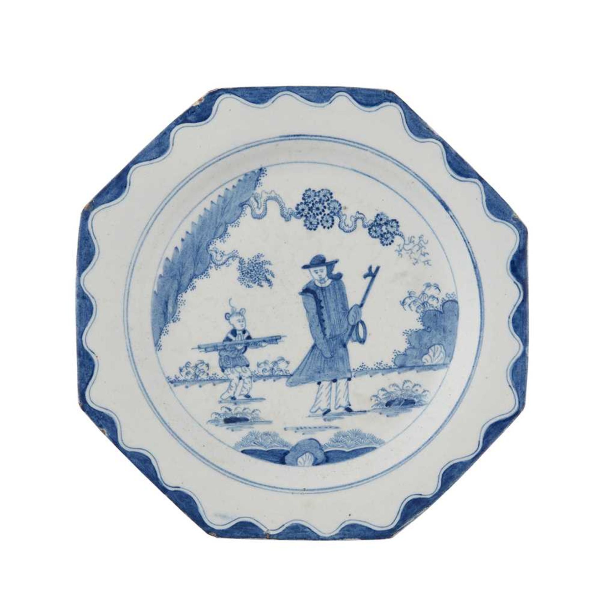 BOW OCTAGONAL GOLFER AND CADDY PATTERN BLUE PAINTED PLATE CIRCA 1760