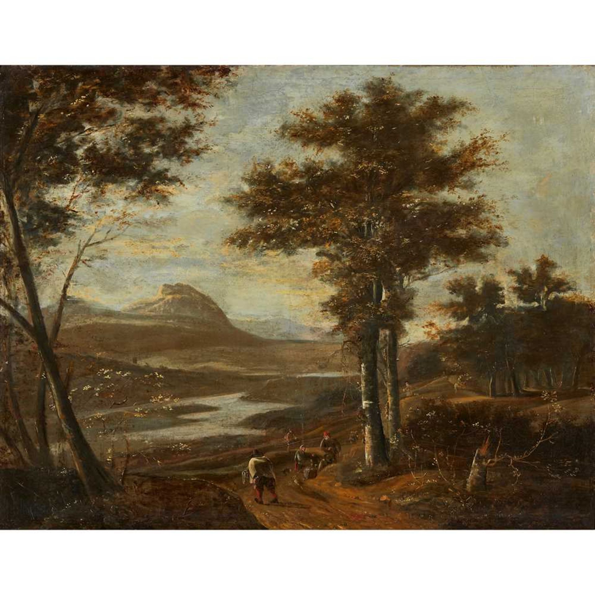 18TH CENTURY DUTCH SCHOOL TRAVELLERS IN A WOODED RIVER LANDSCAPE