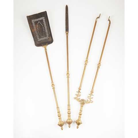 TWO SETS OF BRASS FIRE TOOLS AND A BRASS FENDER 19TH CENTURY - Image 2 of 2