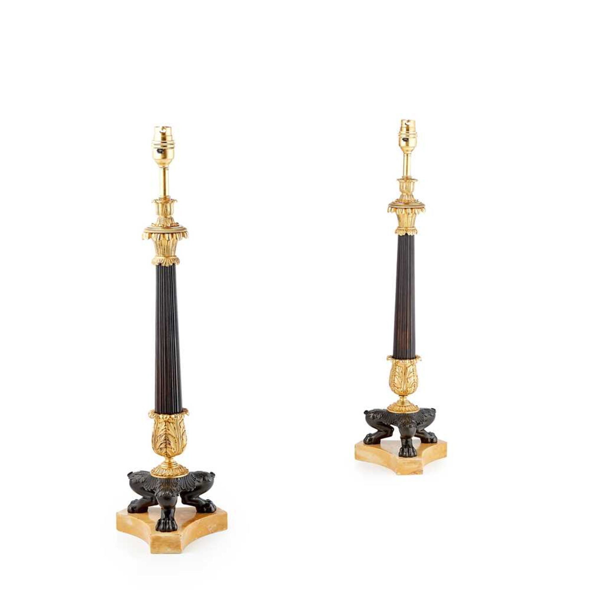 PAIR OF REGENCY PATINATED AND GILT BRONZE CANDLESTICK LAMPS 19TH CENTURY - Image 2 of 13