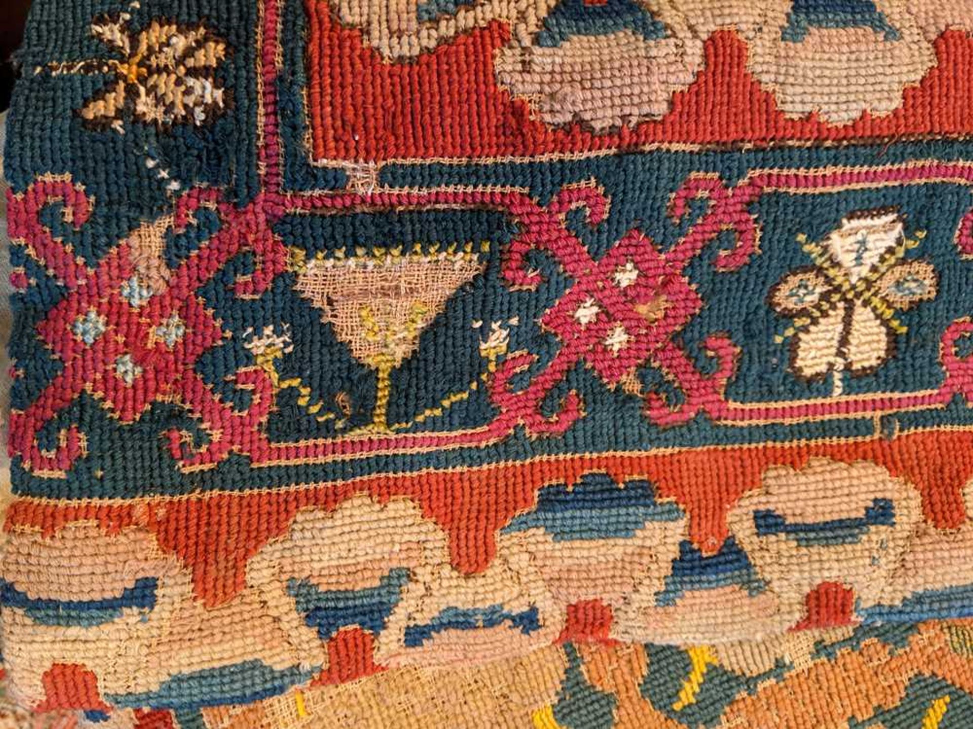 ENGLISH WOOL AND PART SILK NEEDLEWORK CARPET SECTION DATED 1616 - Image 21 of 23