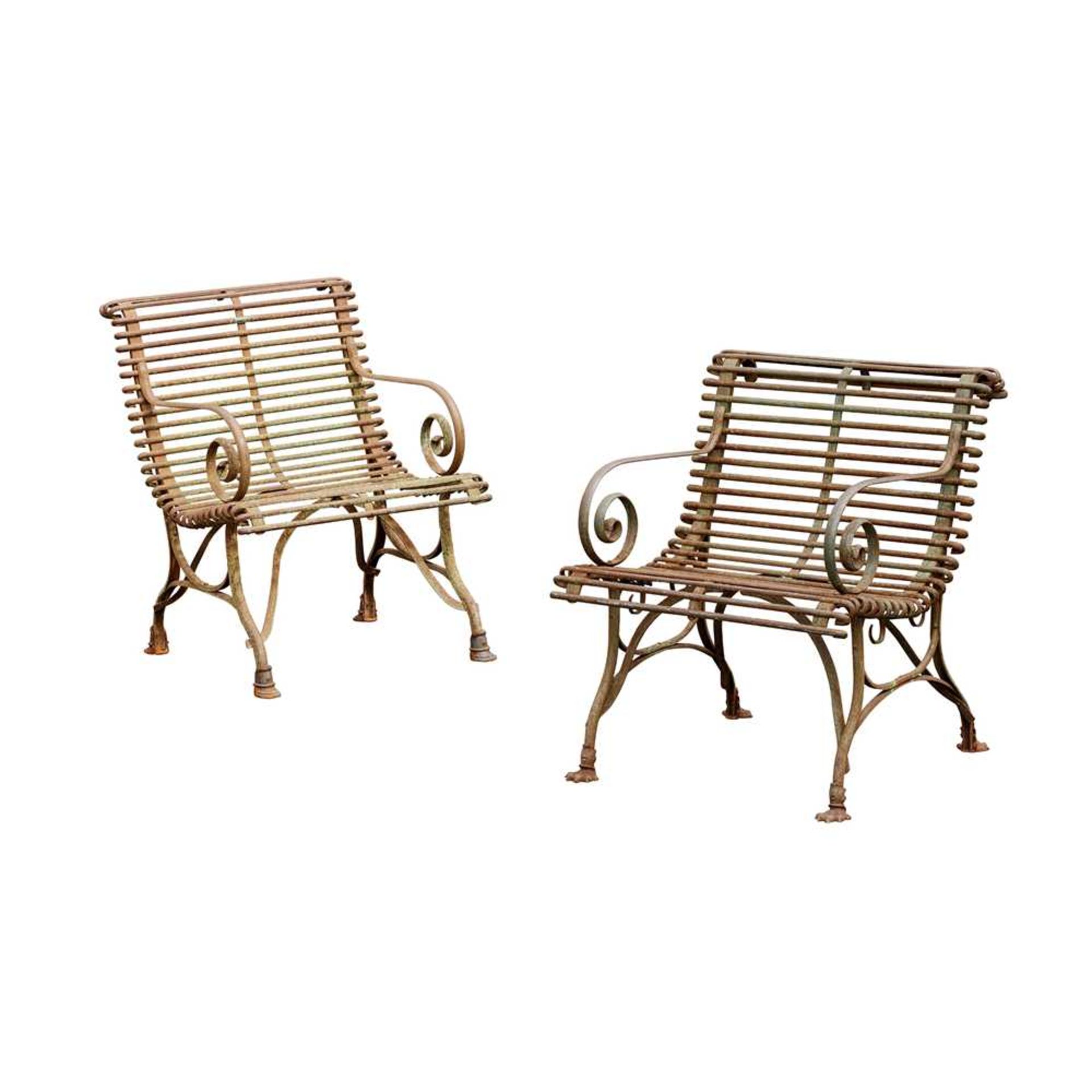 MATCHED PAIR OF ARRAS WROUGHT IRON GARDEN SEATS 19TH CENTURY