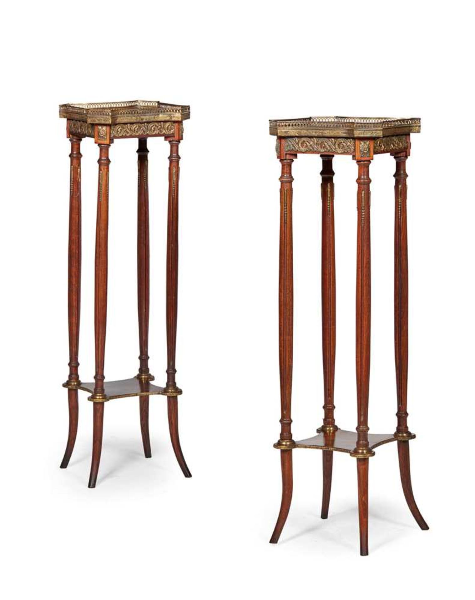 PAIR OF LOUIS XVI STYLE STAINED BEECH, MARBLE AND GILT METAL TORCHERE STANDS EARLY 20TH CENTURY