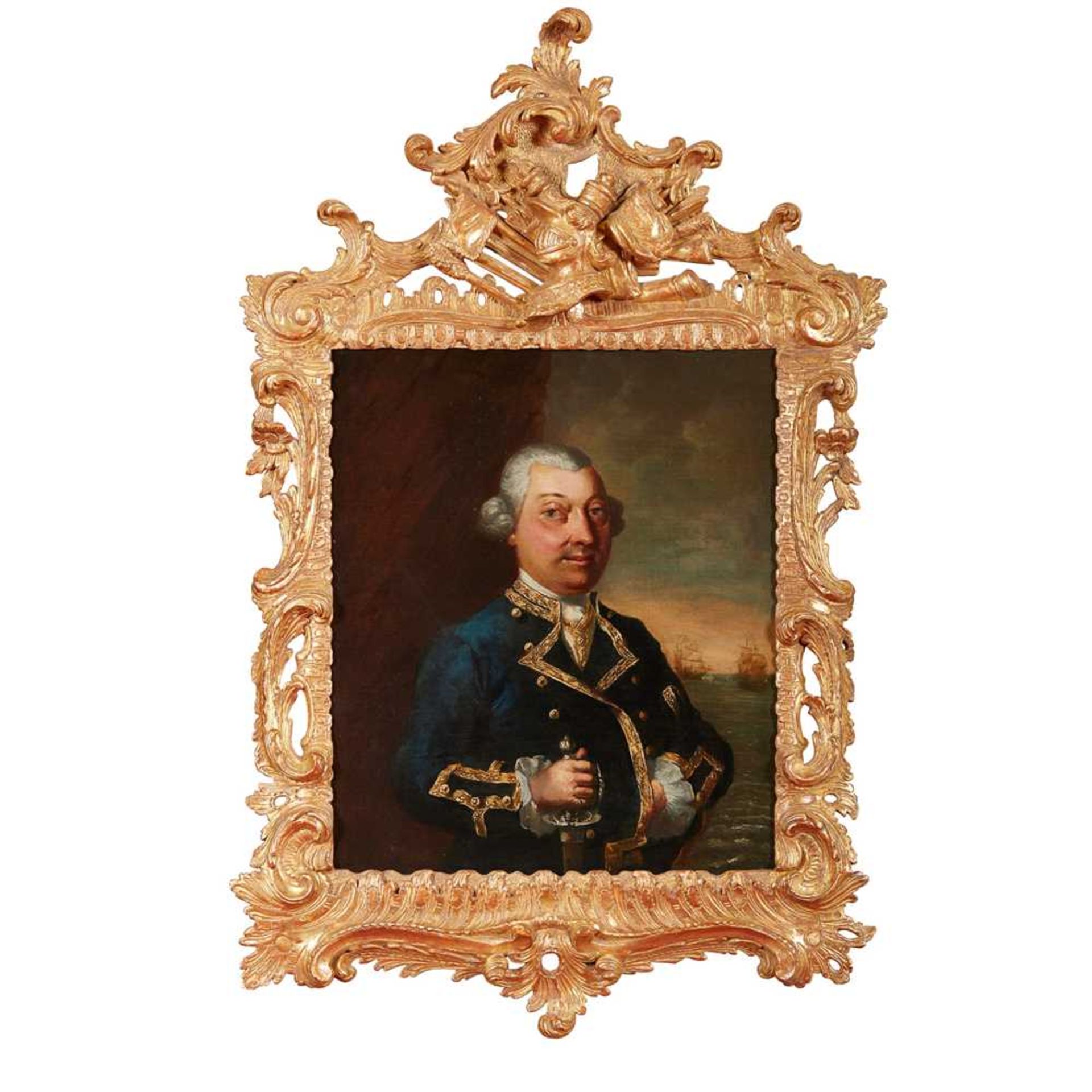 MANNER OF WILLIAM HOGARTH HALF LENGTH PORTAIT OF A SEA CAPTAIN A NAVAL ENGAGEMENT BEHIND - Image 2 of 3