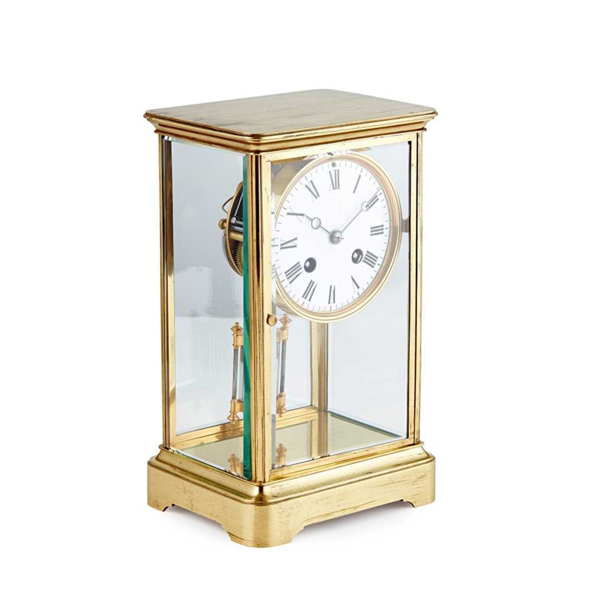 FRENCH BRASS FOUR GLASS MANTEL CLOCK, JAPY FRÈRES & CO. 19TH CENTURY