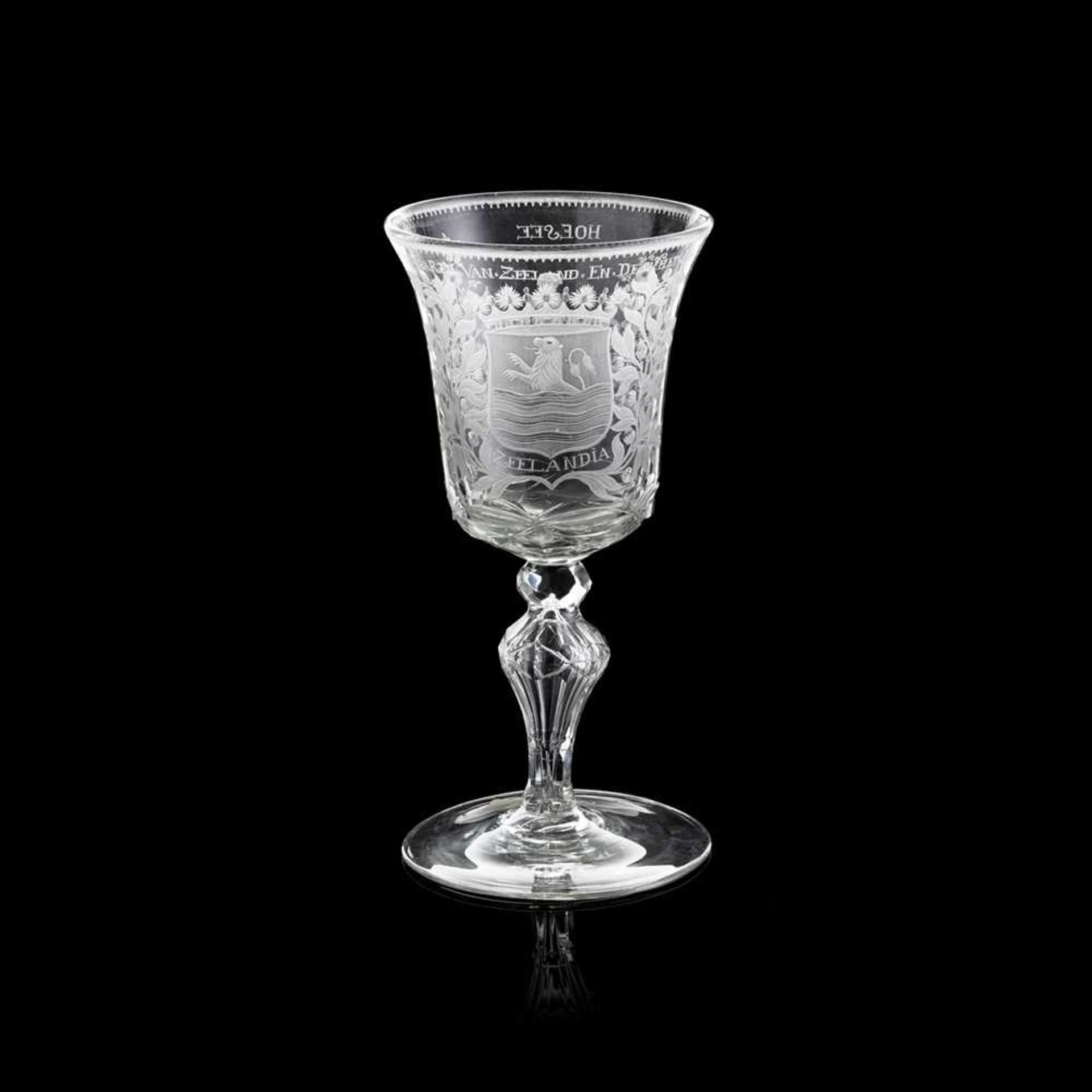 LARGE DUTCH GLASS GOBLET ENGRAVED WITH THE ZEELAND COAT OF ARMS MID 18TH CENTURY