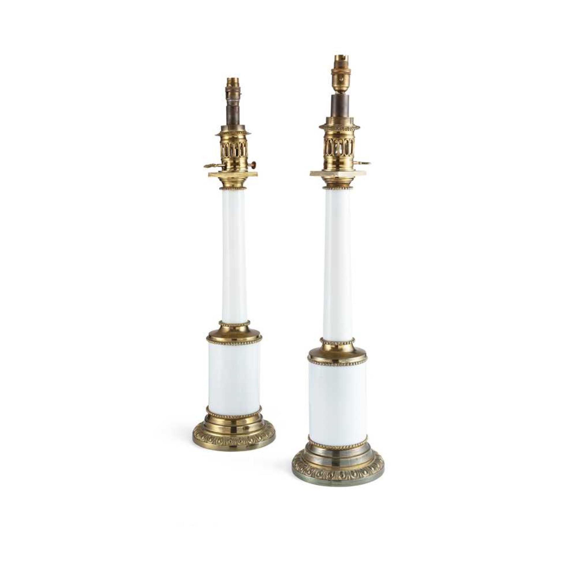PAIR OF FRENCH OPALINE GLASS BRASS MOUNTED COLUMN LAMPS 19TH CENTURY - Image 2 of 13