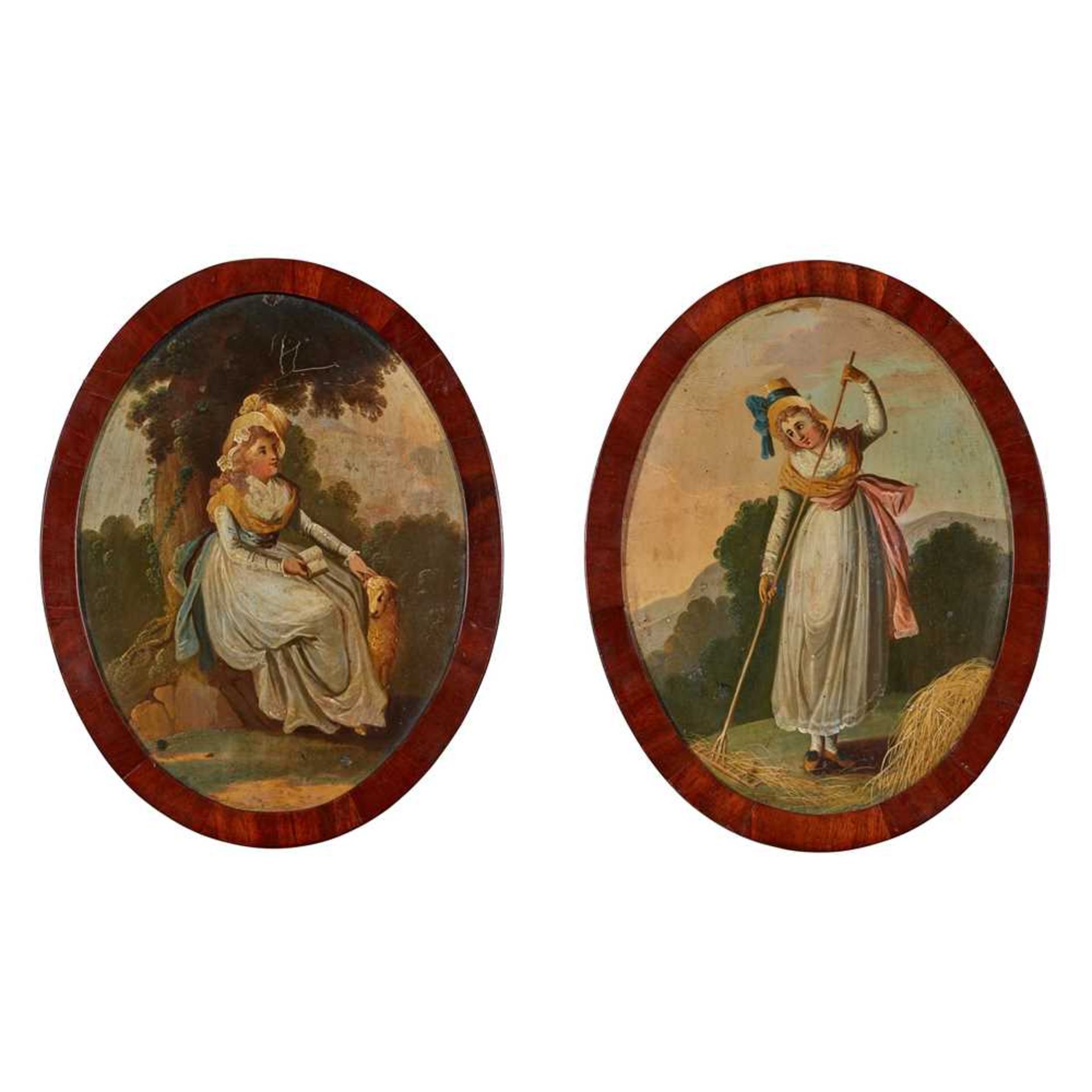 ENGLISH SCHOOL, PAIR OF PAINTED MAHOGANY OVAL PANELS EARLY 19TH CENTURY