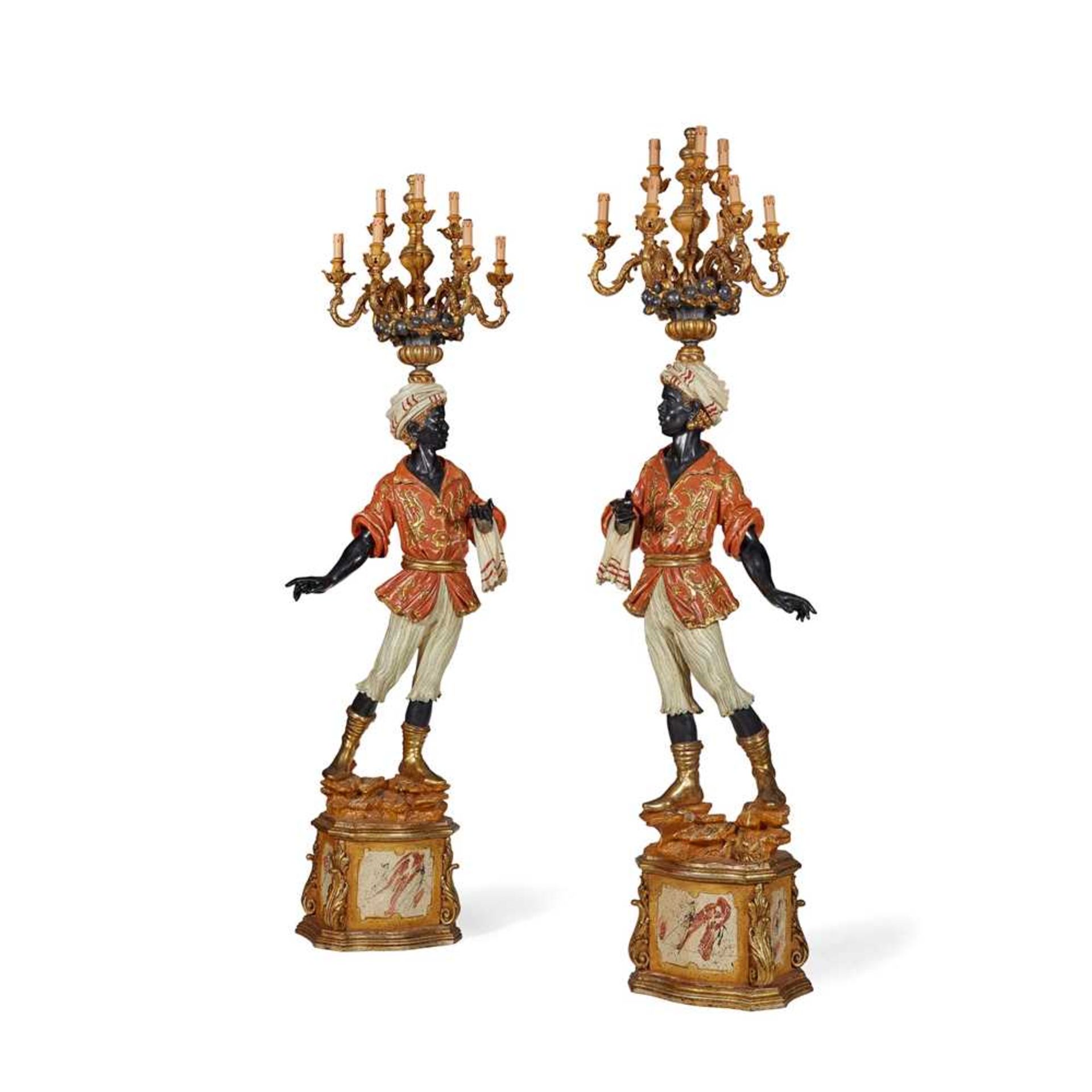 PAIR OF PAINTED AND POLYCHROMED CARVED WOOD BLACKAMOOR TORCHERES EARLY 20TH CENTURY