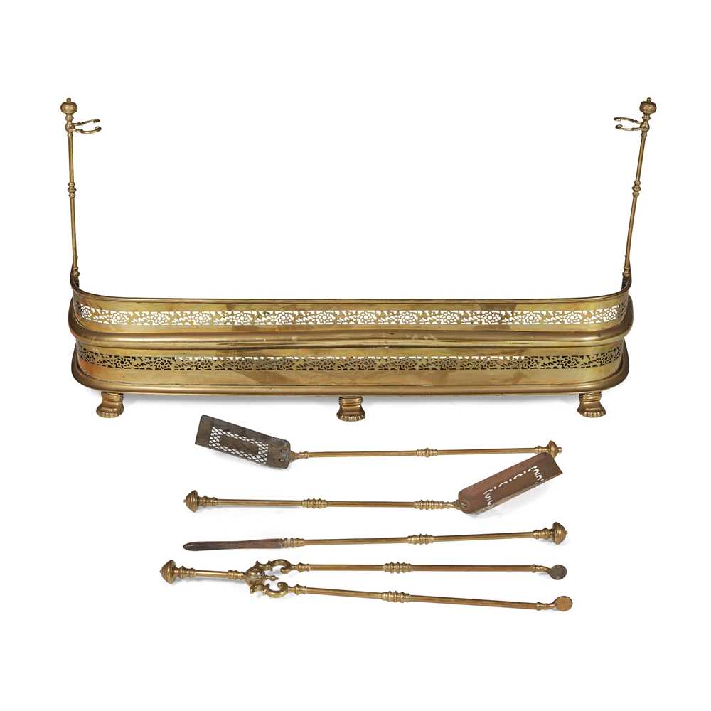 TWO SETS OF BRASS FIRE TOOLS AND A BRASS FENDER 19TH CENTURY