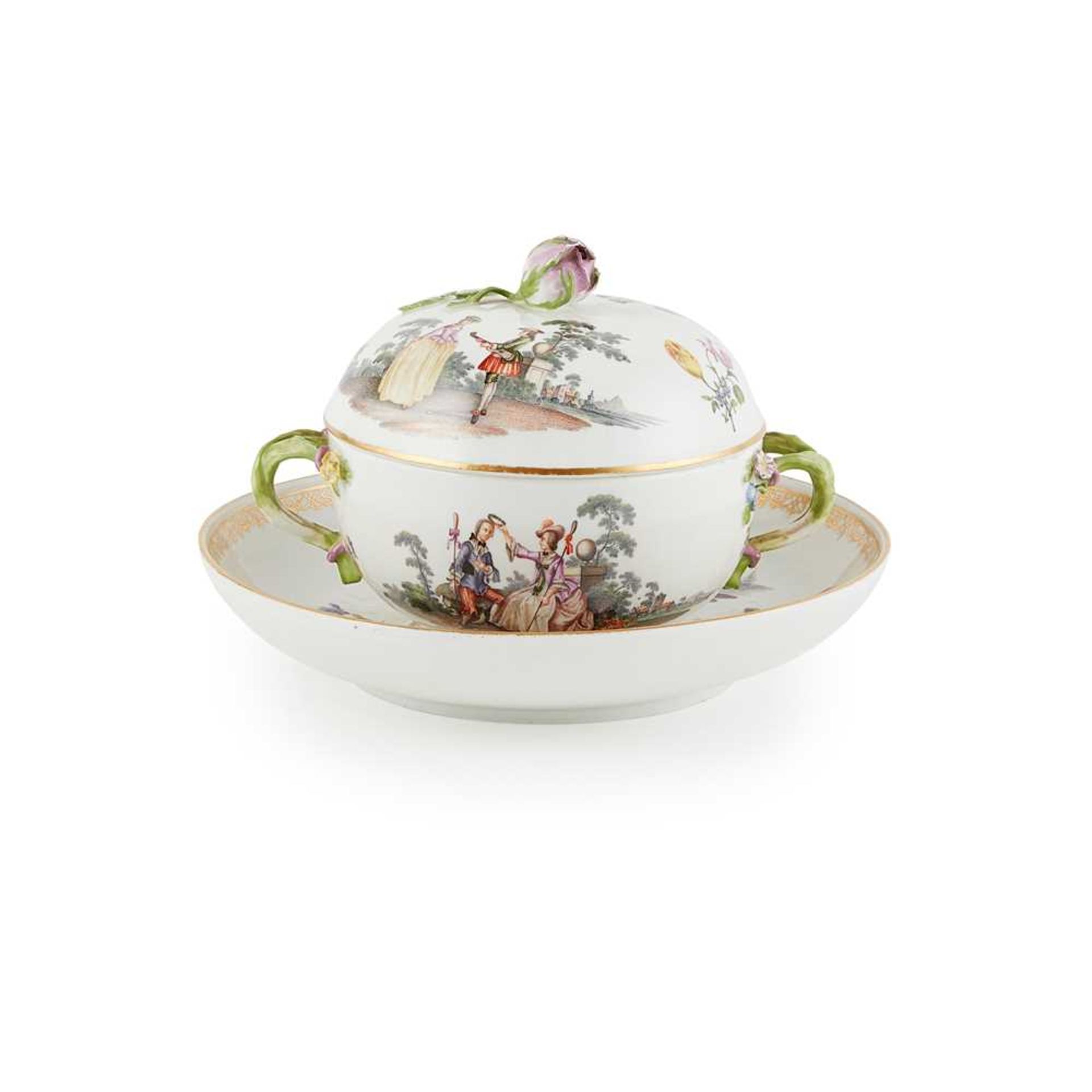 MEISSEN ÉCUELLE AND COVER WITH AN ASSOCIATED STAND 18TH AND 19TH CENTURY