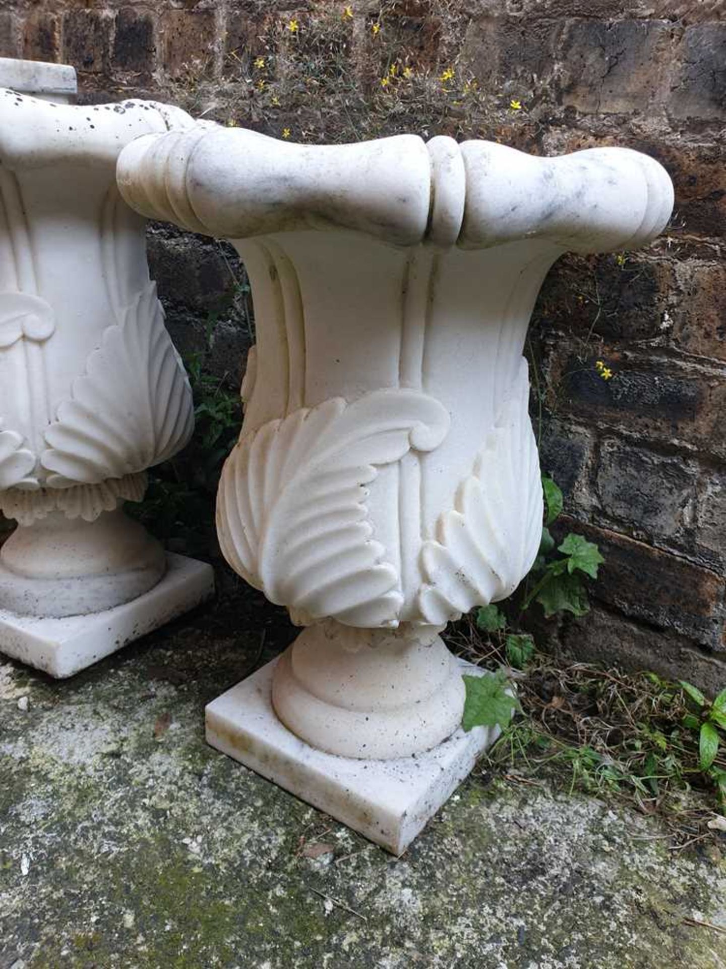 PAIR OF WHITE MARBLE URNS AND STANDS MODERN - Image 8 of 12