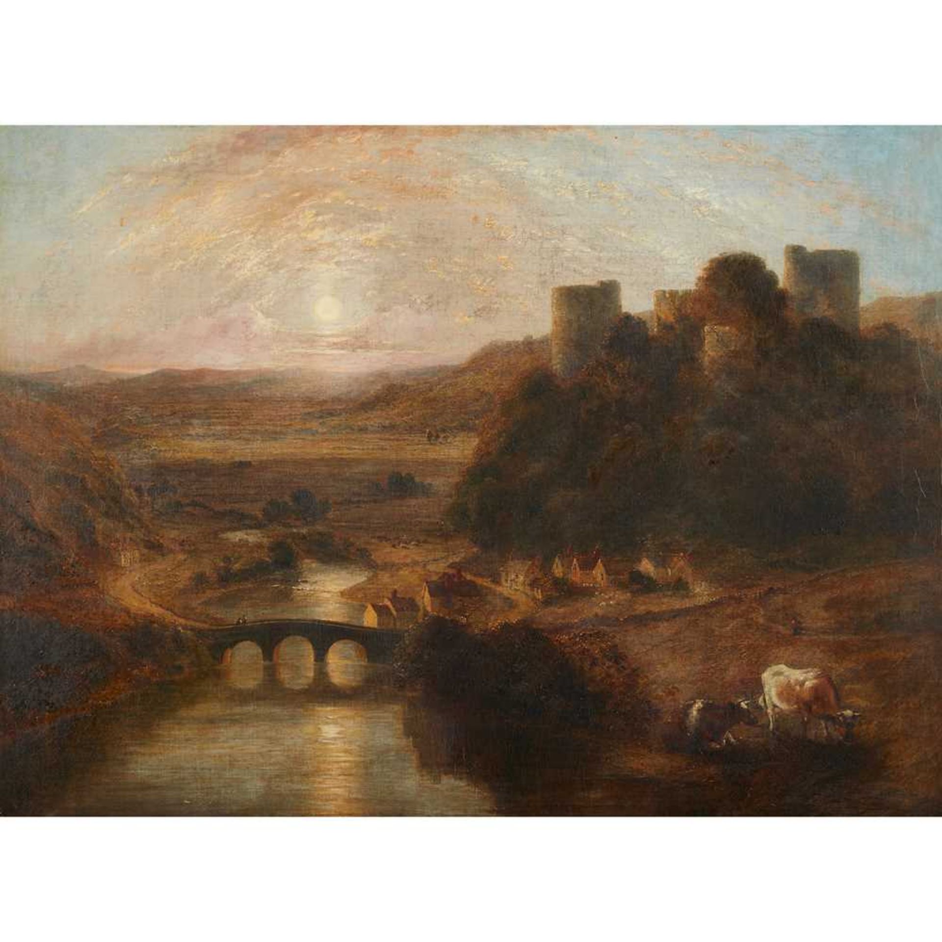 ENGLISH SCHOOL C.1830 A PANORAMIC RIVER LANDSCAPE WITH CASTLE RUINS ON A HILLSIDE