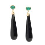 A pair of onyx and emerald pendent earrings