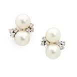 A pair of diamond and pearl cluster earrings