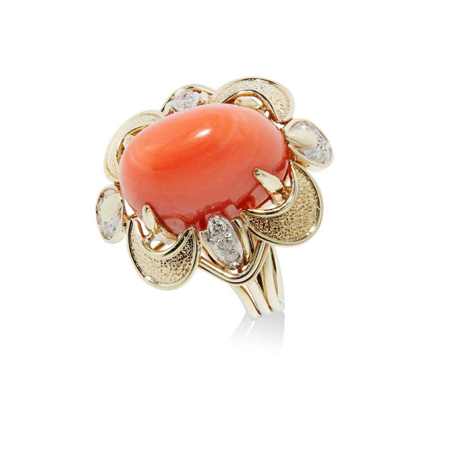 A mid-20th century coral and diamond cocktail ring