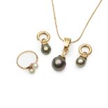 A Tahitian pearl and diamond pendant and matching earrings