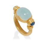 An aquamarine and sapphire ring