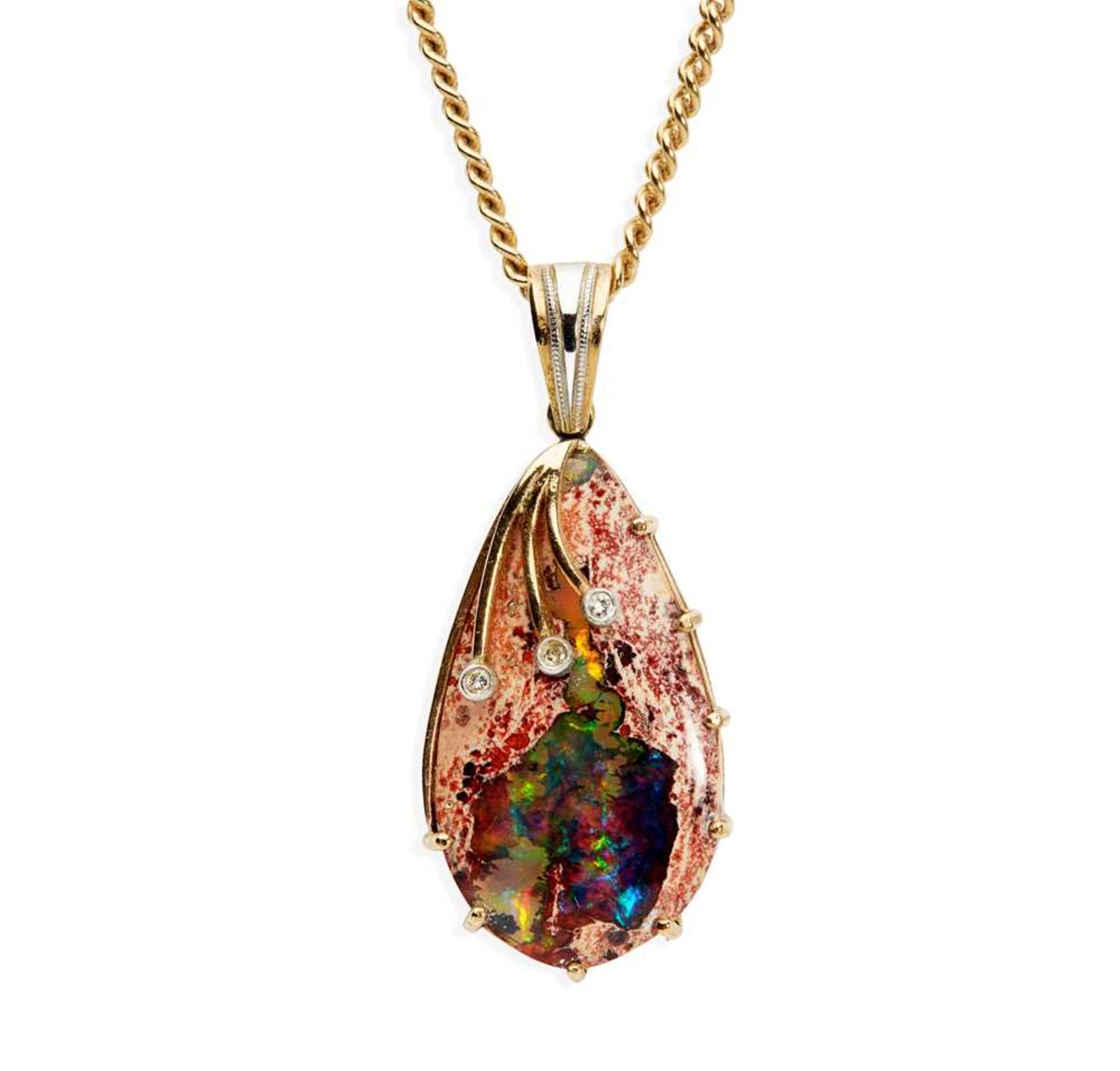A boulder opal and diamond pendant