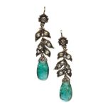 A pair of emerald and diamond pendent earrings