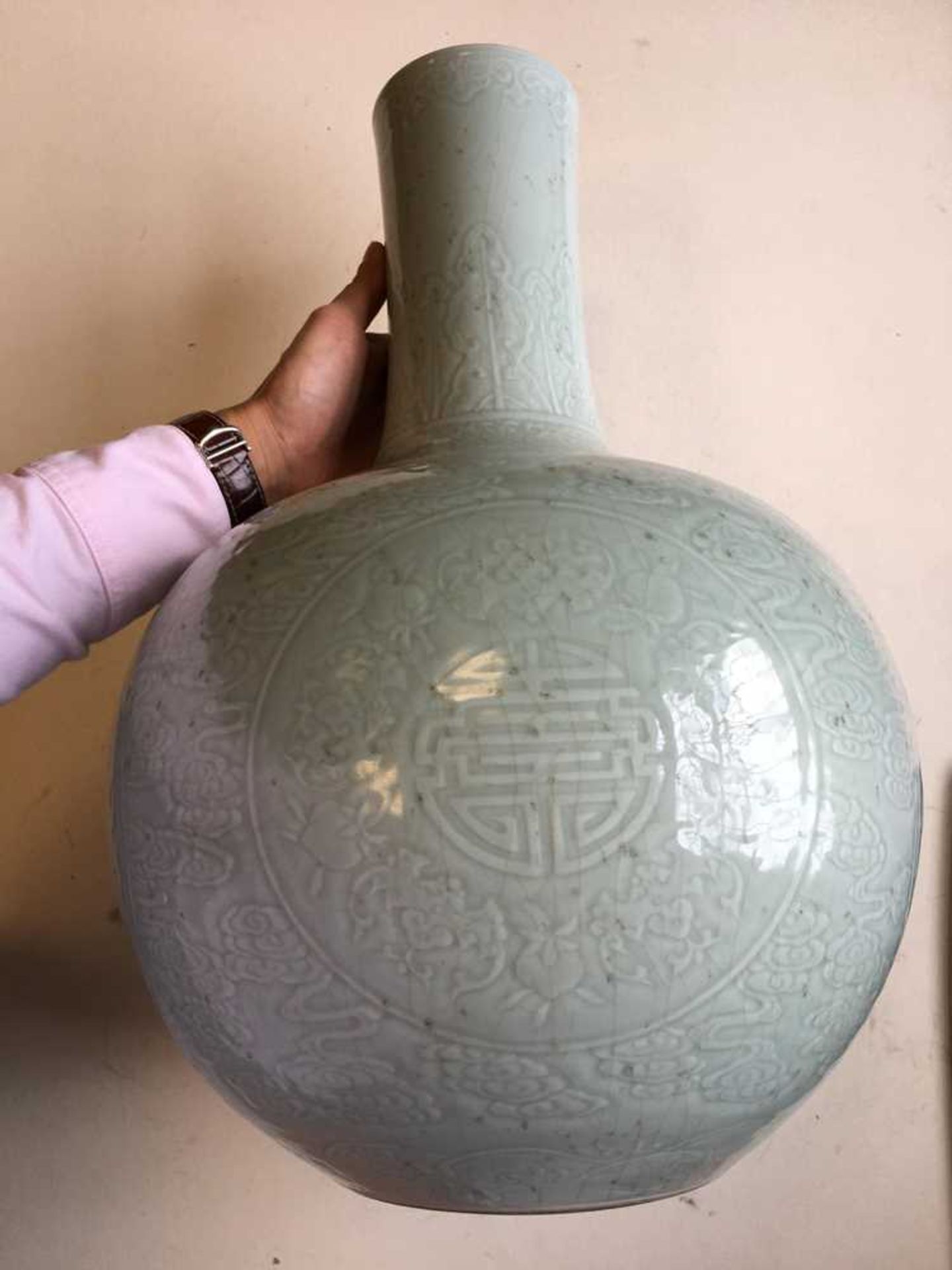 LARGE CELADON-GLAZED BOTTLE VASE QIANLONG MARK BUT LATER - Image 12 of 19