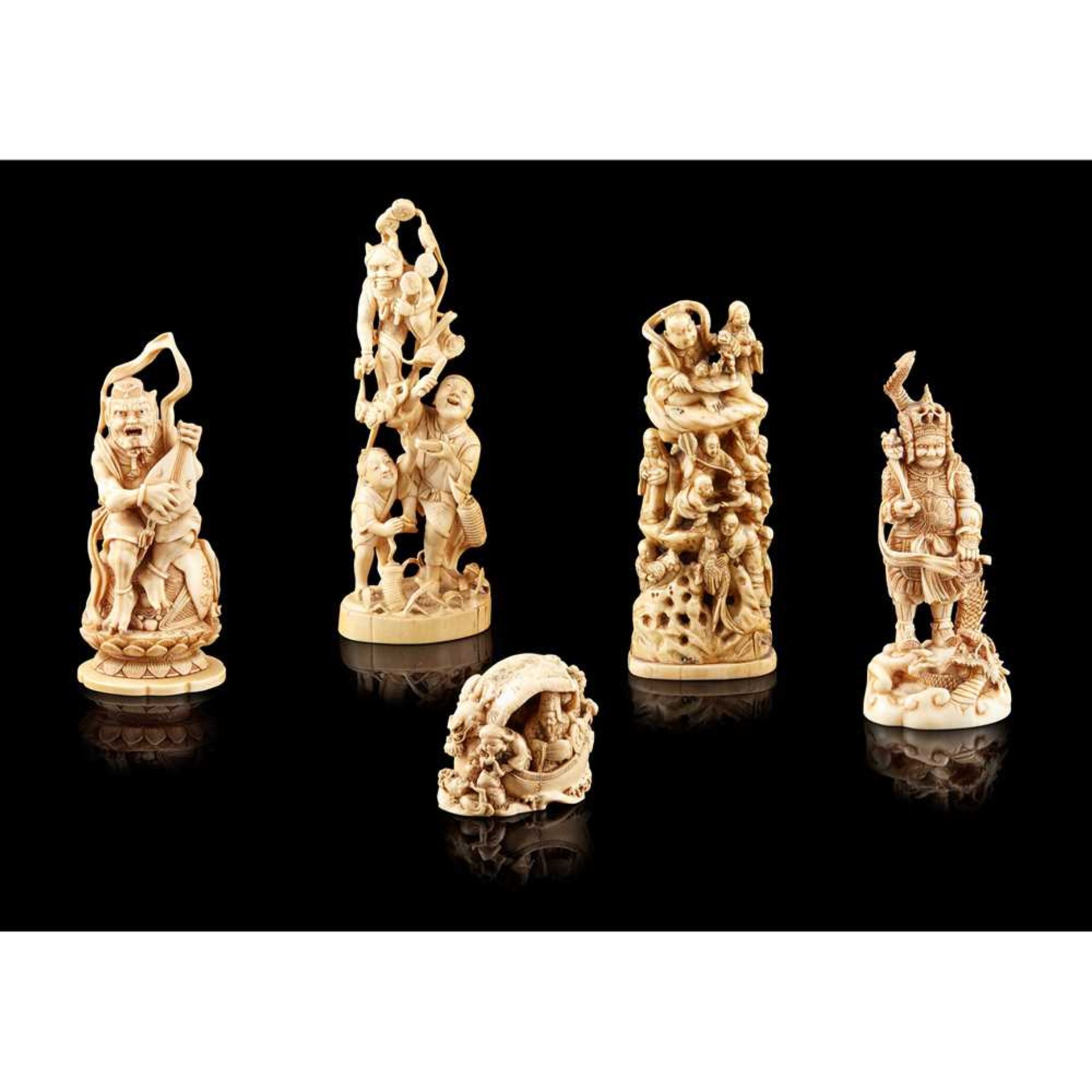 GROUP OF FIVE JAPANESE IVORY CARVINGS MEIJI PERIOD