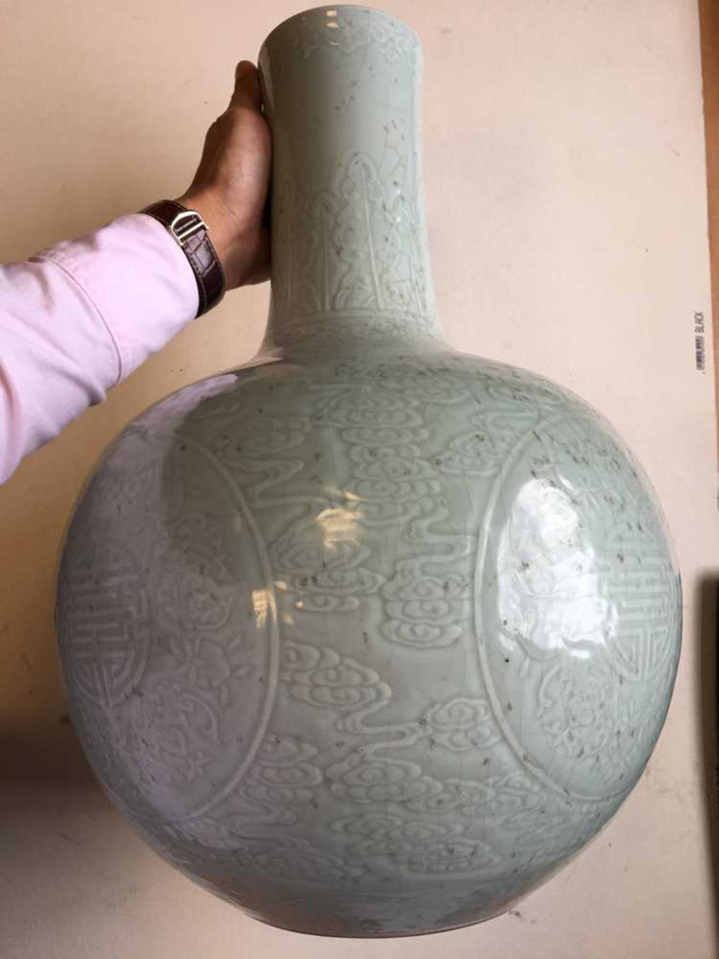 LARGE CELADON-GLAZED BOTTLE VASE QIANLONG MARK BUT LATER - Image 9 of 19