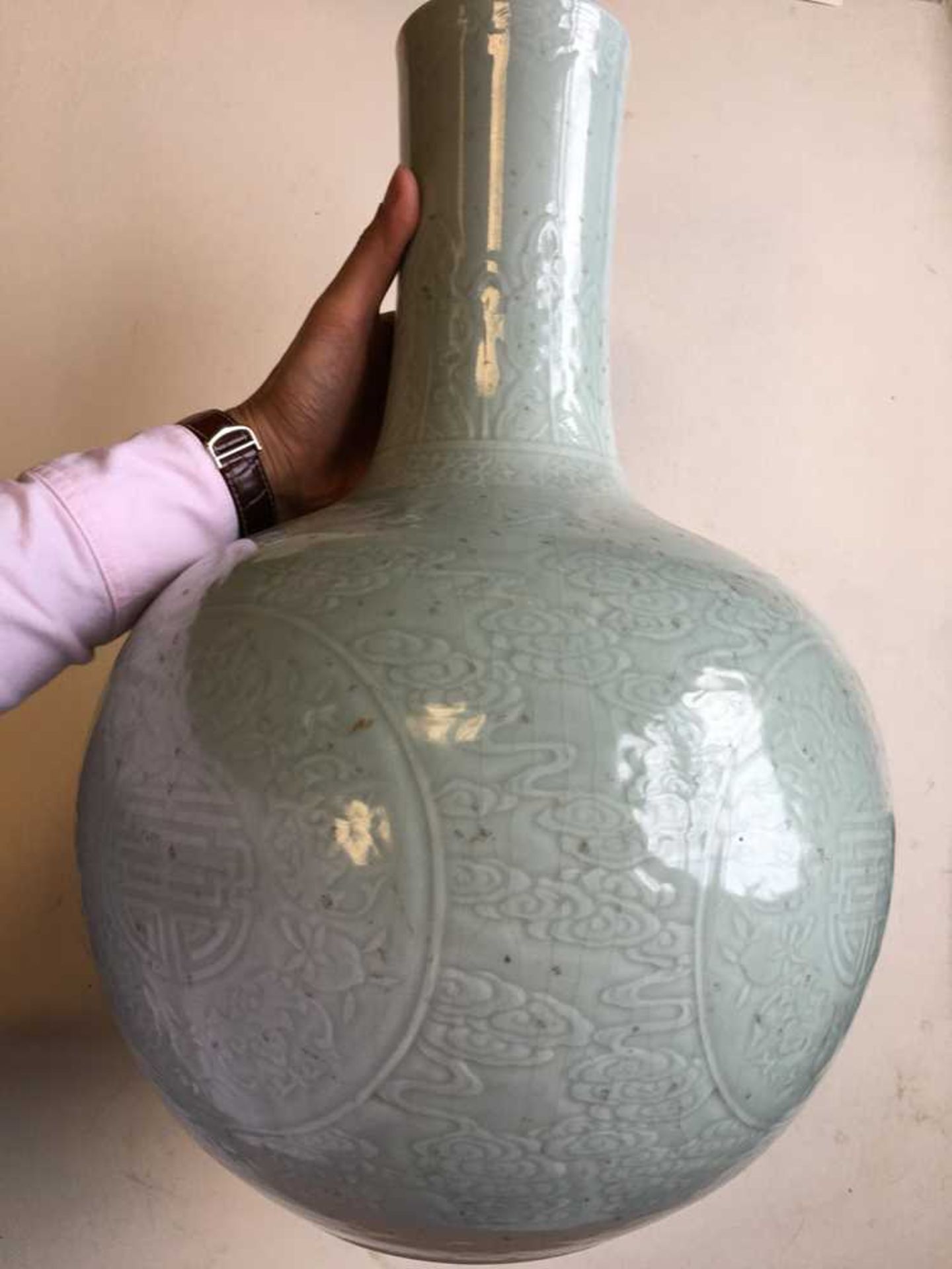 LARGE CELADON-GLAZED BOTTLE VASE QIANLONG MARK BUT LATER - Image 3 of 19