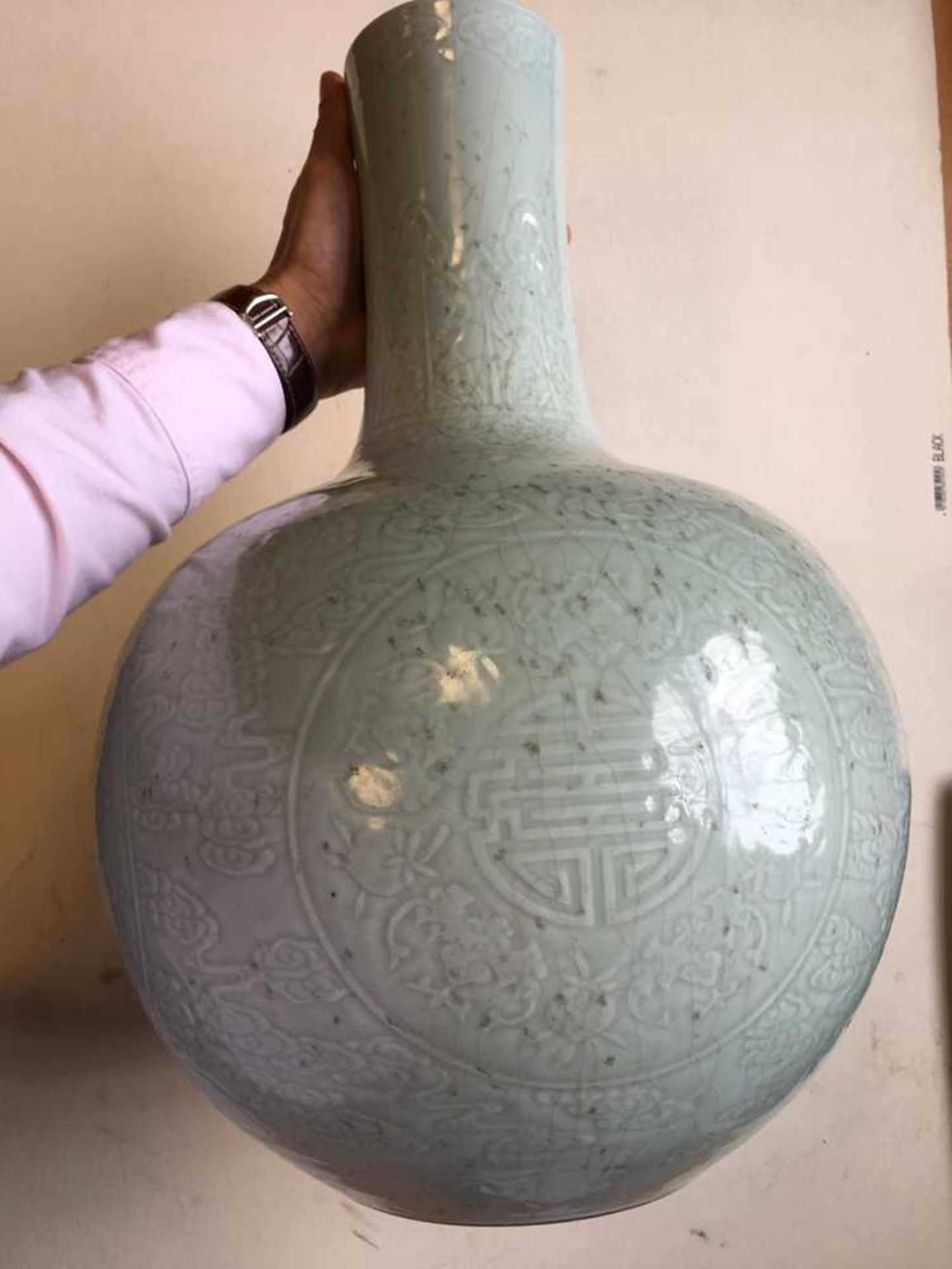 LARGE CELADON-GLAZED BOTTLE VASE QIANLONG MARK BUT LATER - Image 15 of 19