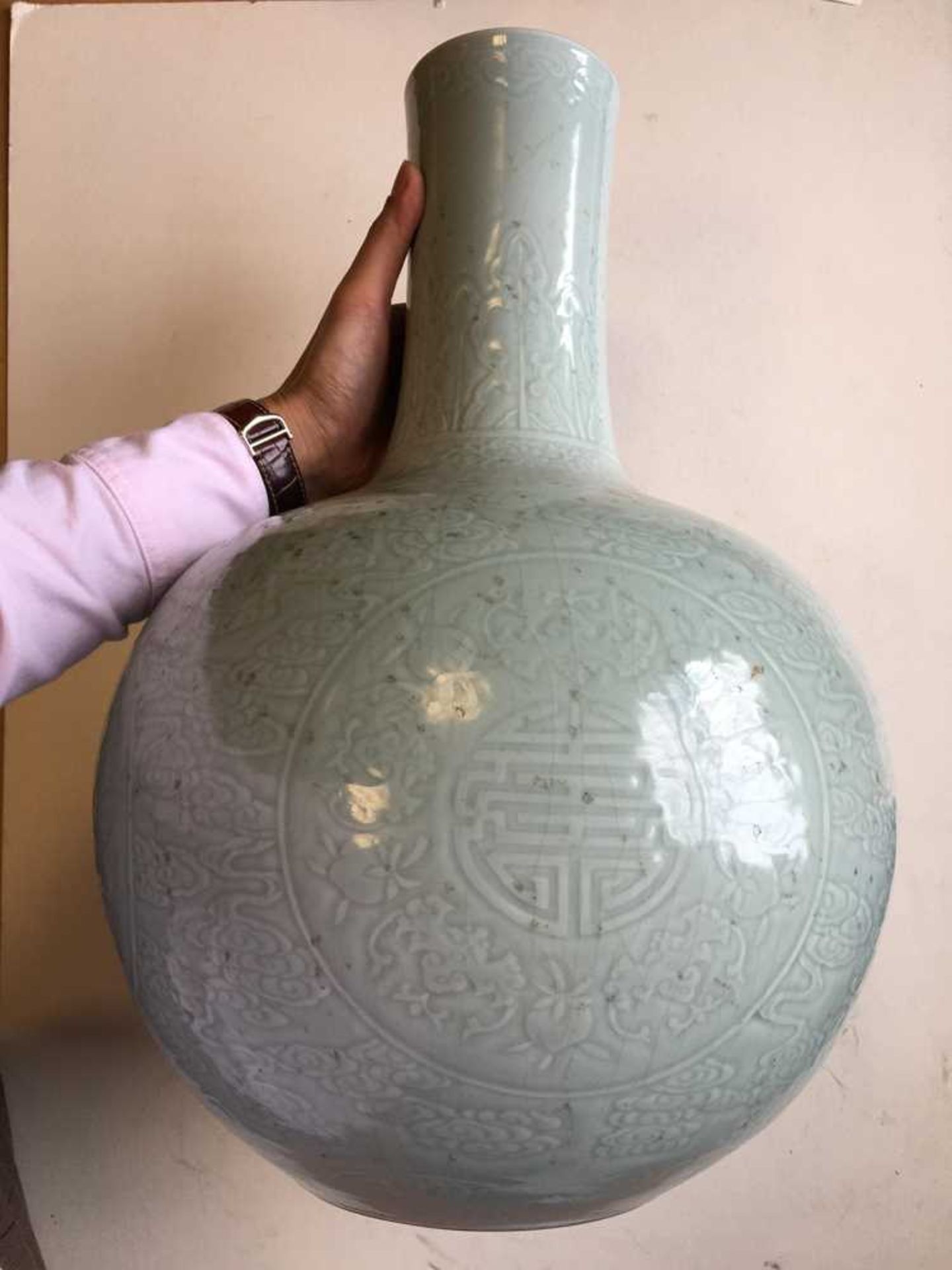 LARGE CELADON-GLAZED BOTTLE VASE QIANLONG MARK BUT LATER - Image 14 of 19