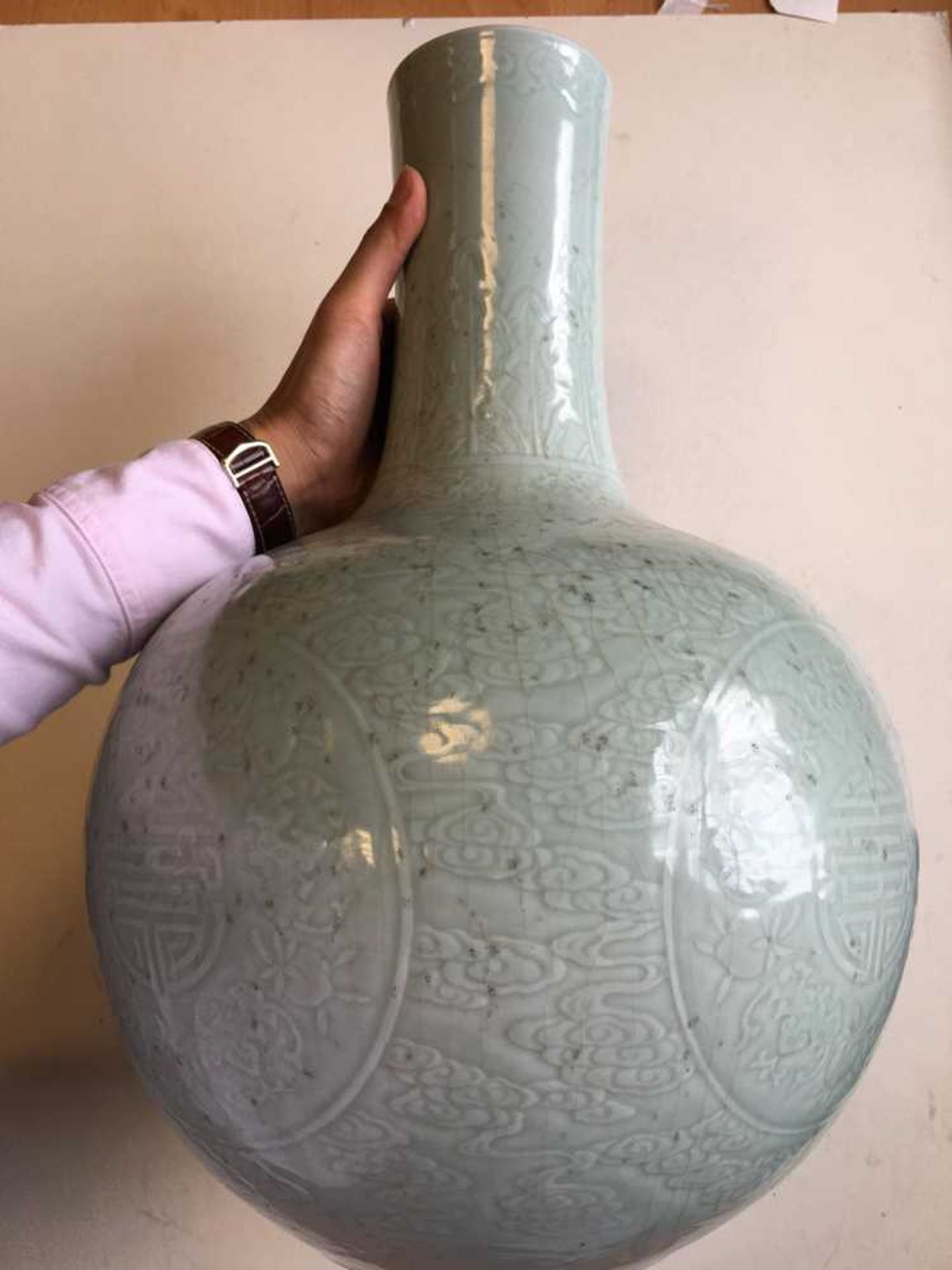 LARGE CELADON-GLAZED BOTTLE VASE QIANLONG MARK BUT LATER - Image 16 of 19