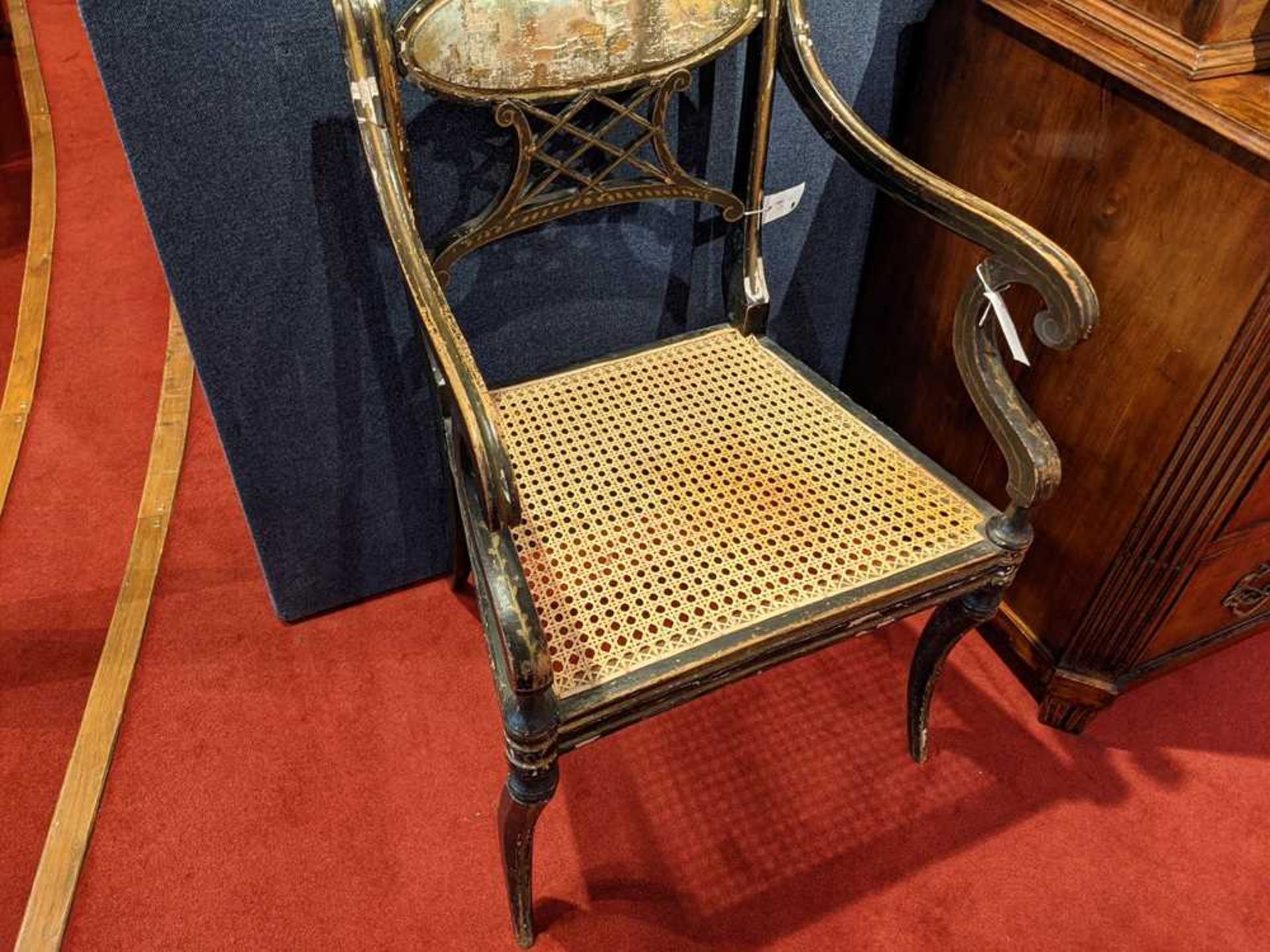 A PAIR OF EARLY REGENCY EBONISED, PAINTED AND GILT OPEN ARMCHAIRS EARLY 19TH CENTURY - Bild 10 aus 16
