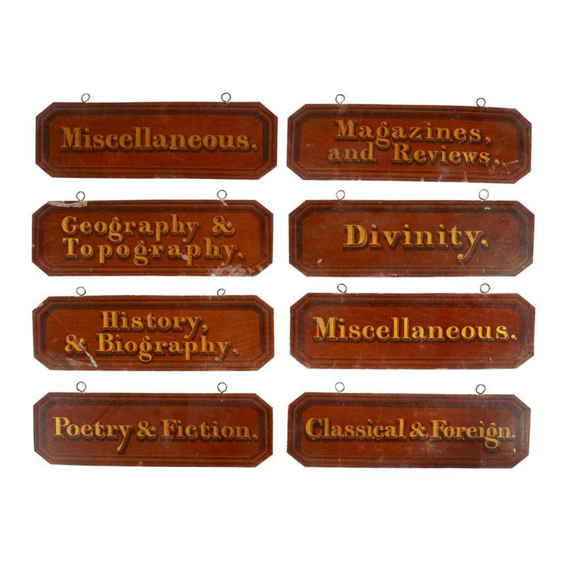 A GROUP OF EIGHT TOLE LIBRARY SHELF LABELS 19TH CENTURY