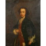 18TH CENTURY SCOTTISH SCHOOL THREE QUARTER LENGTH PORTRAIT OF A YOUNG MAN IN BLUE FROCK COAT