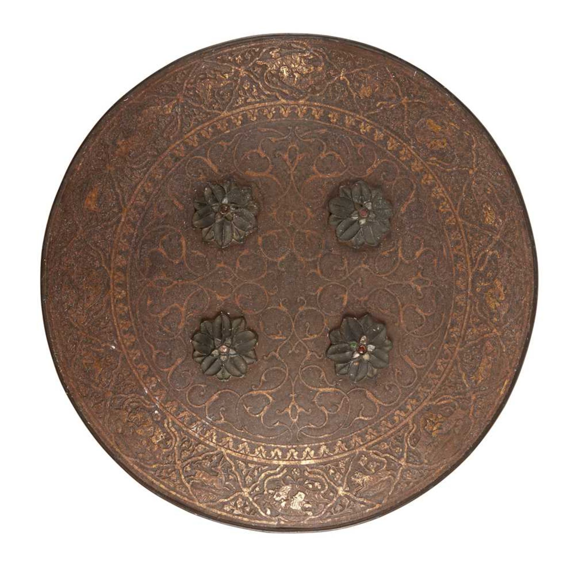 AN INDIAN GOLD KOFTGARI STEEL DHAL SHIELD 19TH CENTURY