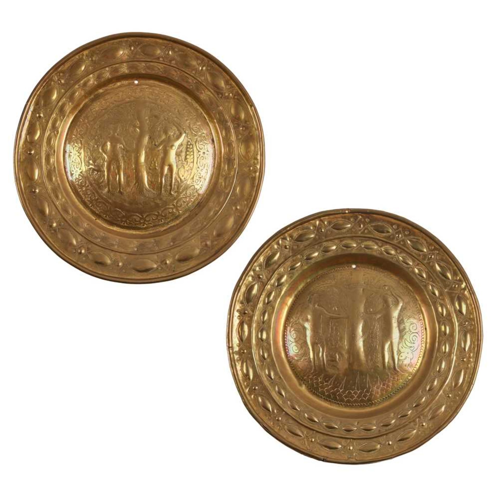 TWO GERMAN NUREMBERG BRASS ‘ADAM AND EVE’ ALMS DISHES 17TH CENTURY