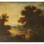 CIRCLE OF PIERRE ANTOINE PATEL A WOODED RIVER LANDSCAPE WITH FIGURES AND HERON