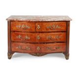 A FRENCH REGENCE KINGWOOD, GILT METAL, AND ORMOLU MOUNTED MARBLE TOPPED COMMODE MID 18TH CENTURY